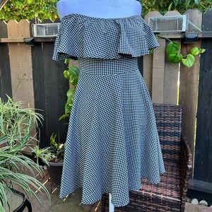 Black and white gingham off the shoulder mini dress